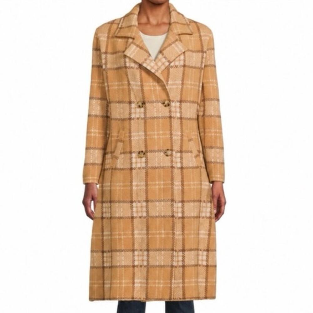 Cliche Plaid Long Coat Camel Tan Double Breasted Preppy Old Money - Sz Large